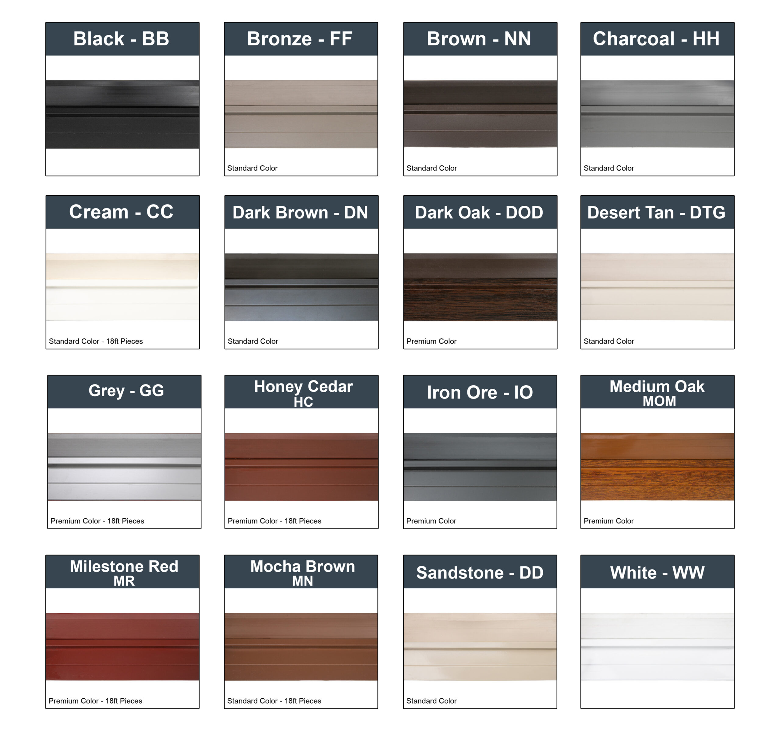 Elton SR 1104 PVC garage top and side weather seal Color Swatch Guide showing colors of Black, bronze, Brown, Charcoal Grey, Claystone, Cream, Dark Brown, Dark Sandstone, Desert Sand, Grey, Sandstone and white