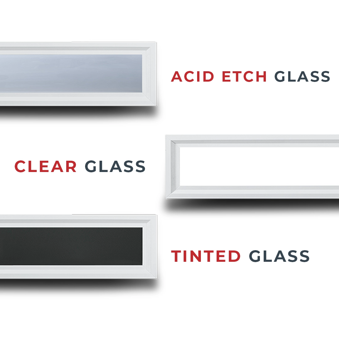 Elton Manufacturing Glass options featuring acid etch, clear, and tinted glass on white 741 frames