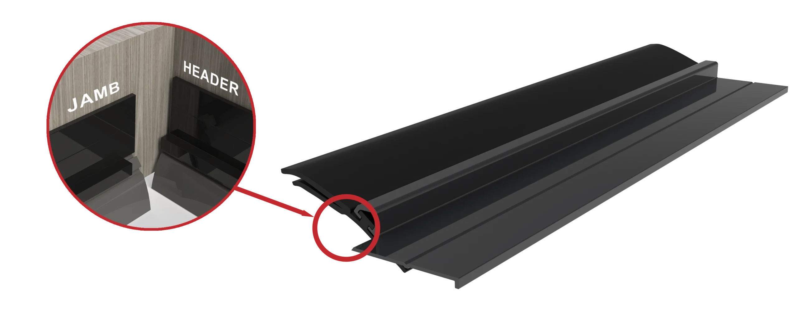 An angled, close-up studio shot of a 5001 prenotched aluminum weather seal against a plain white background. The component features a rigid, gray aluminum base and a co-extruded, flexible black seal with multiple fins.