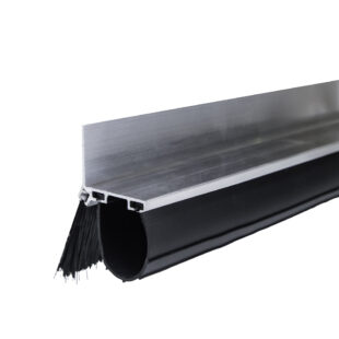A cross-section of the Elton BARL 1003-158 aluminum bottom retainer, showing the integrated 45-degree brush seal and the channel for a P-bulb rubber bottom seal, for commercial garage doors.