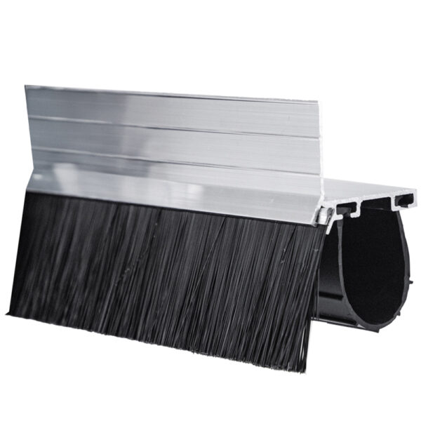 A view of the Elton BARL 1003-158 dual-seal aluminum retainer, with a clear focus on the dense 45-degree brush seal used for rodent and pest deterrence on commercial doors.